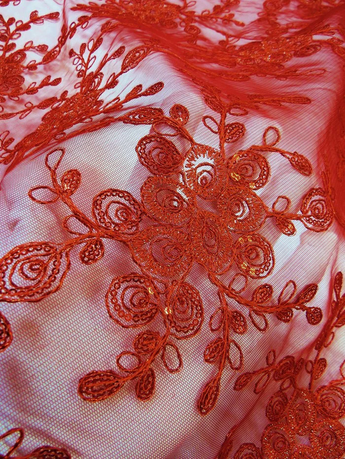 Bouquet 3D Floral Sequins Mesh Fabric - Red - Image 2