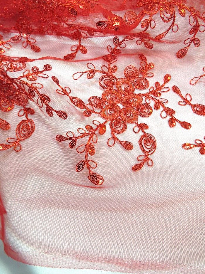 Bouquet 3D Floral Sequins Mesh Fabric - Red - Image 3