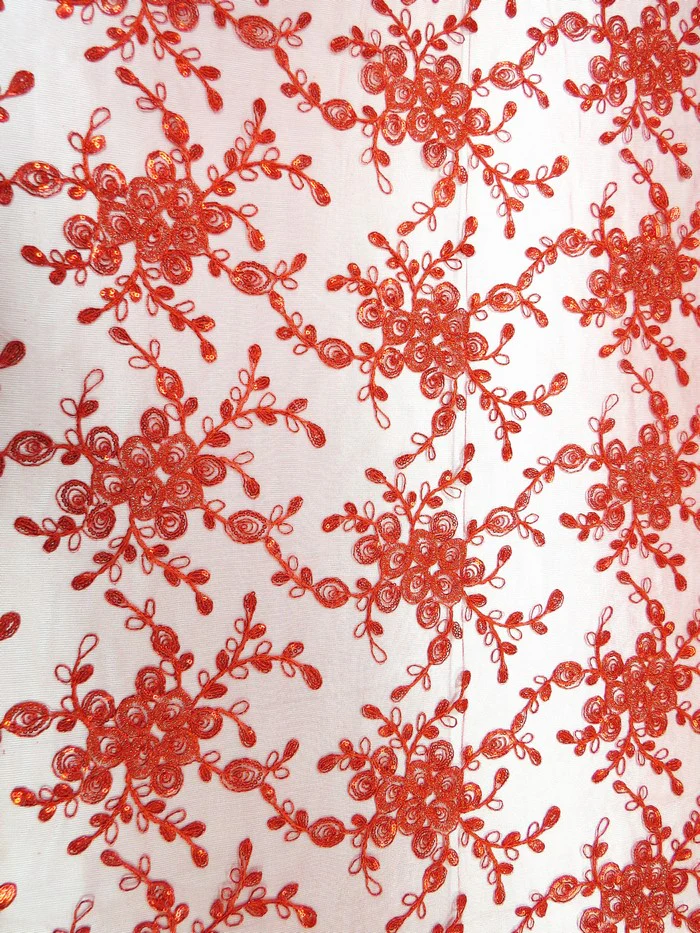 Bouquet 3D Floral Sequins Mesh Fabric - Red - Image 4