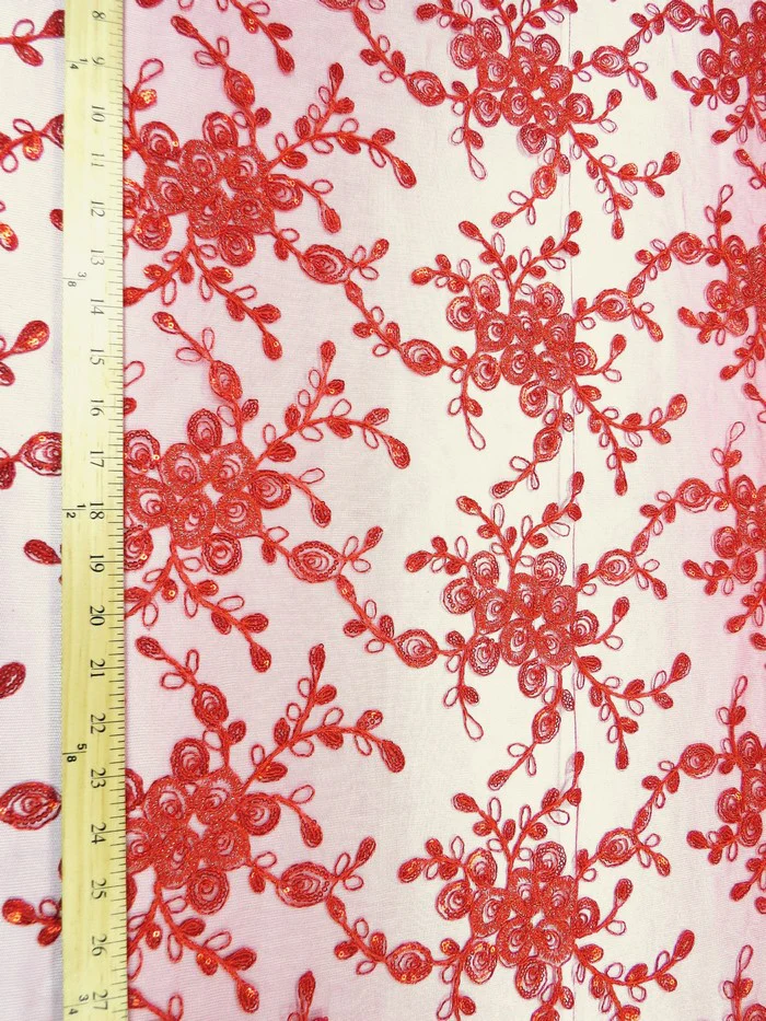 Bouquet 3D Floral Sequins Mesh Fabric - Red - Image 5