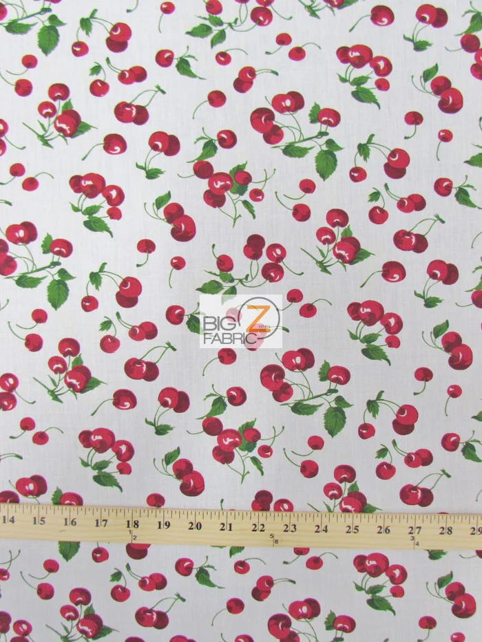 Fruit Print Poly Cotton Fabric / (Cherry) White / 50 Yard Bolt