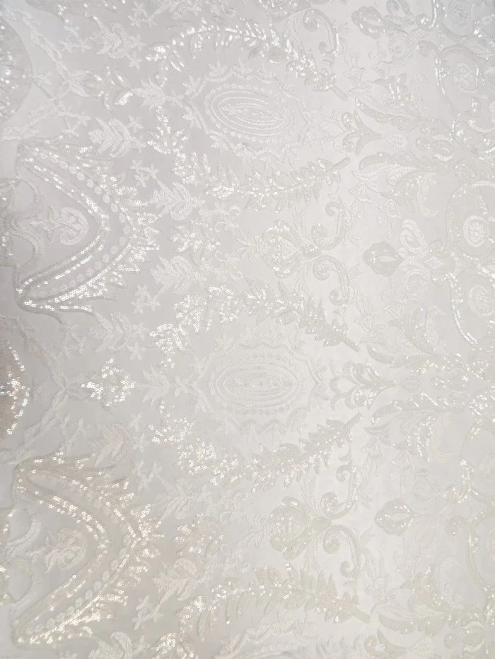 Luxury Damask Sequins Mesh Fabric - White