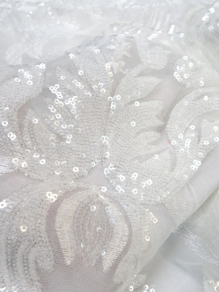 Luxury Damask Sequins Mesh Fabric - White - Image 3