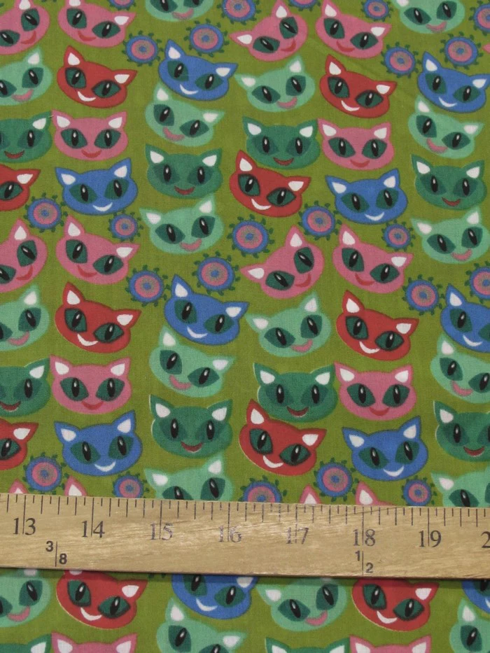 Poly Cotton Printed Fabric Halloween Cats / Olive / Sold By The Yard