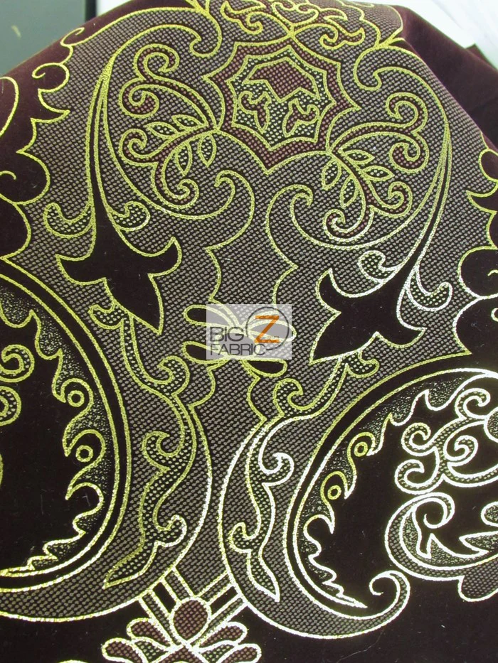 Royal Damask Flocking Velvet Upholstery Fabric / Purple/Gold / Sold By The Yard - Image 3