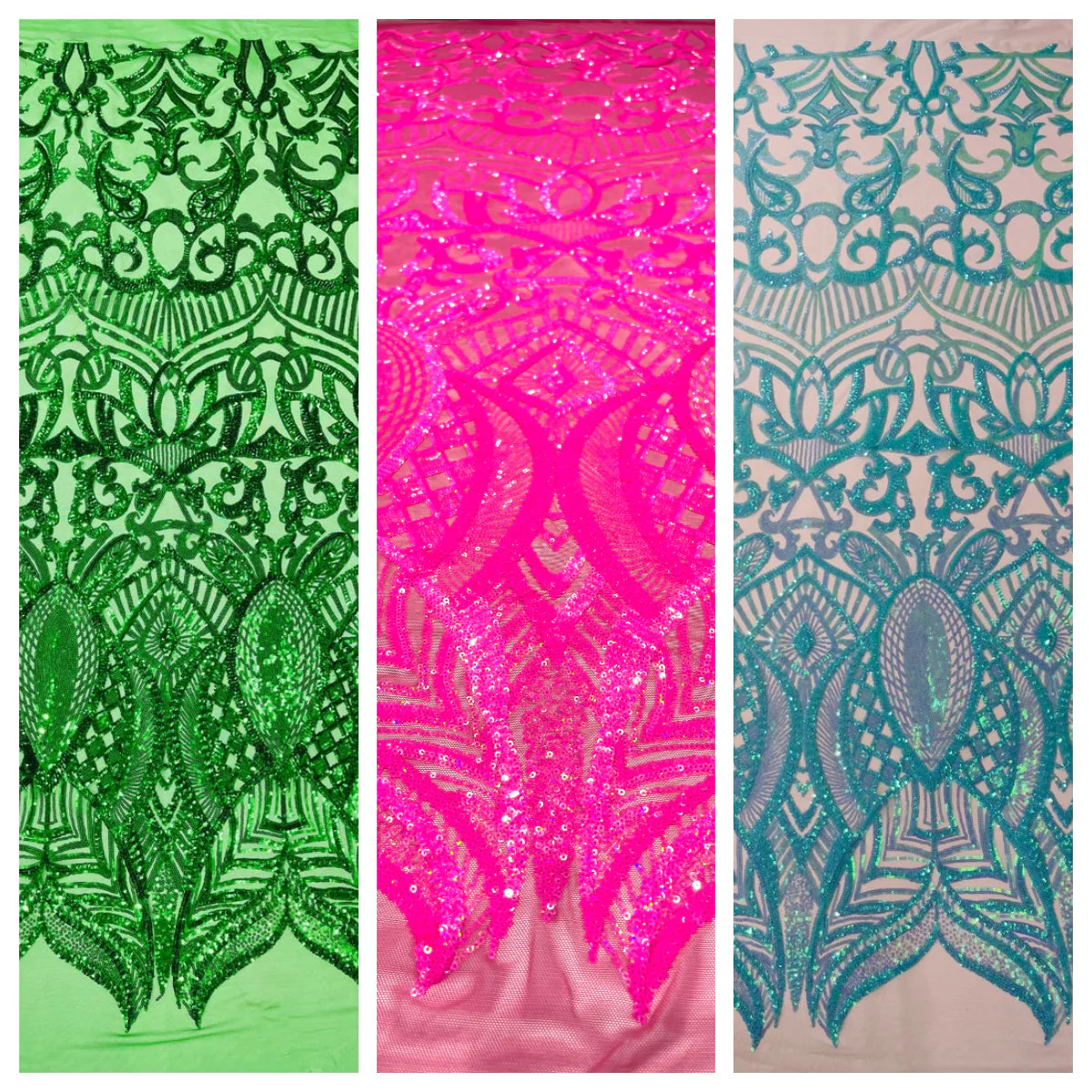 Royalty Damask Iridescent Sequin Stretch Mesh Fabric / Sold by the Yard