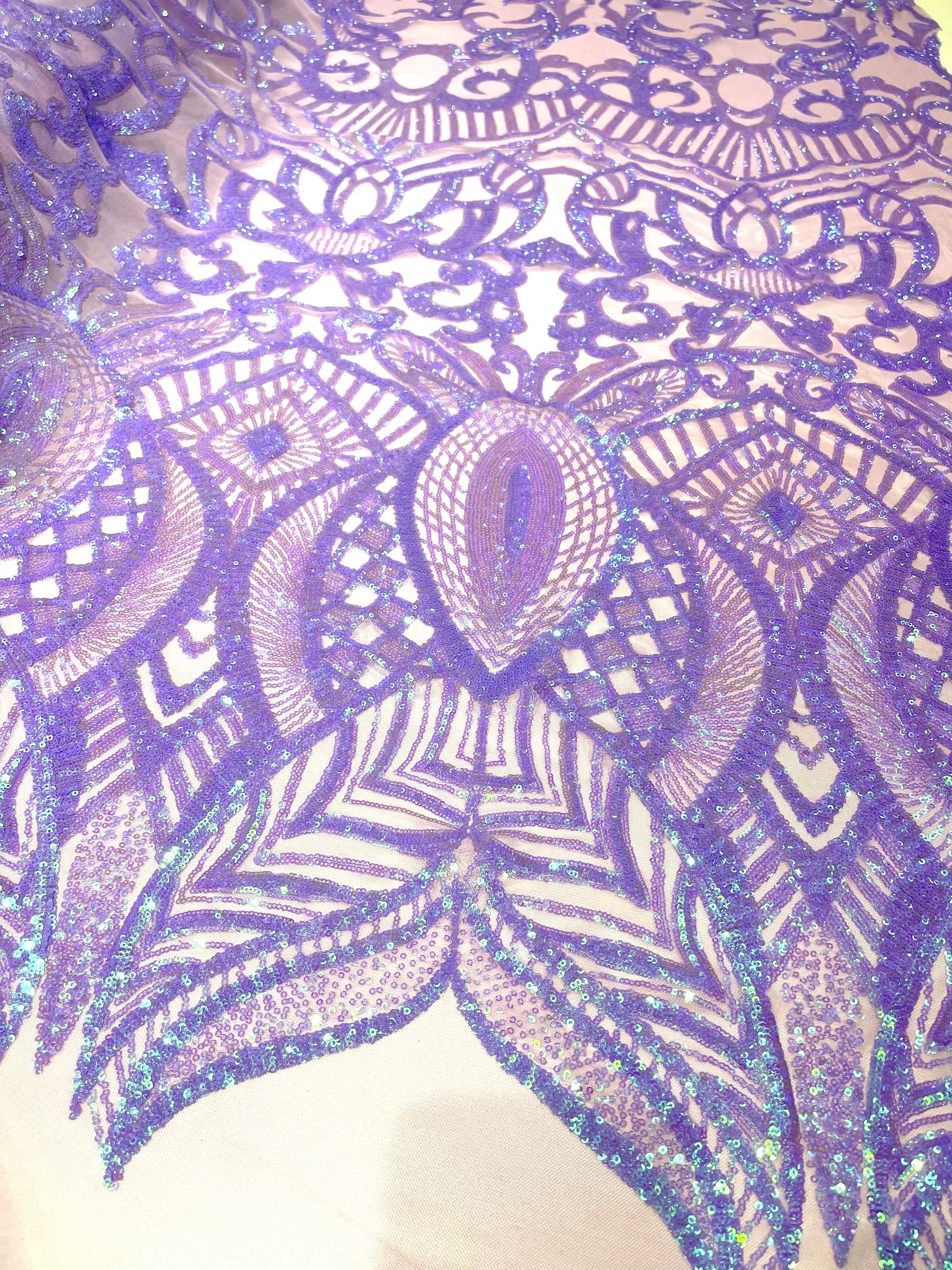Royalty Damask Iridescent Sequin Stretch Mesh Fabric / Sold by the Yard - Image 2