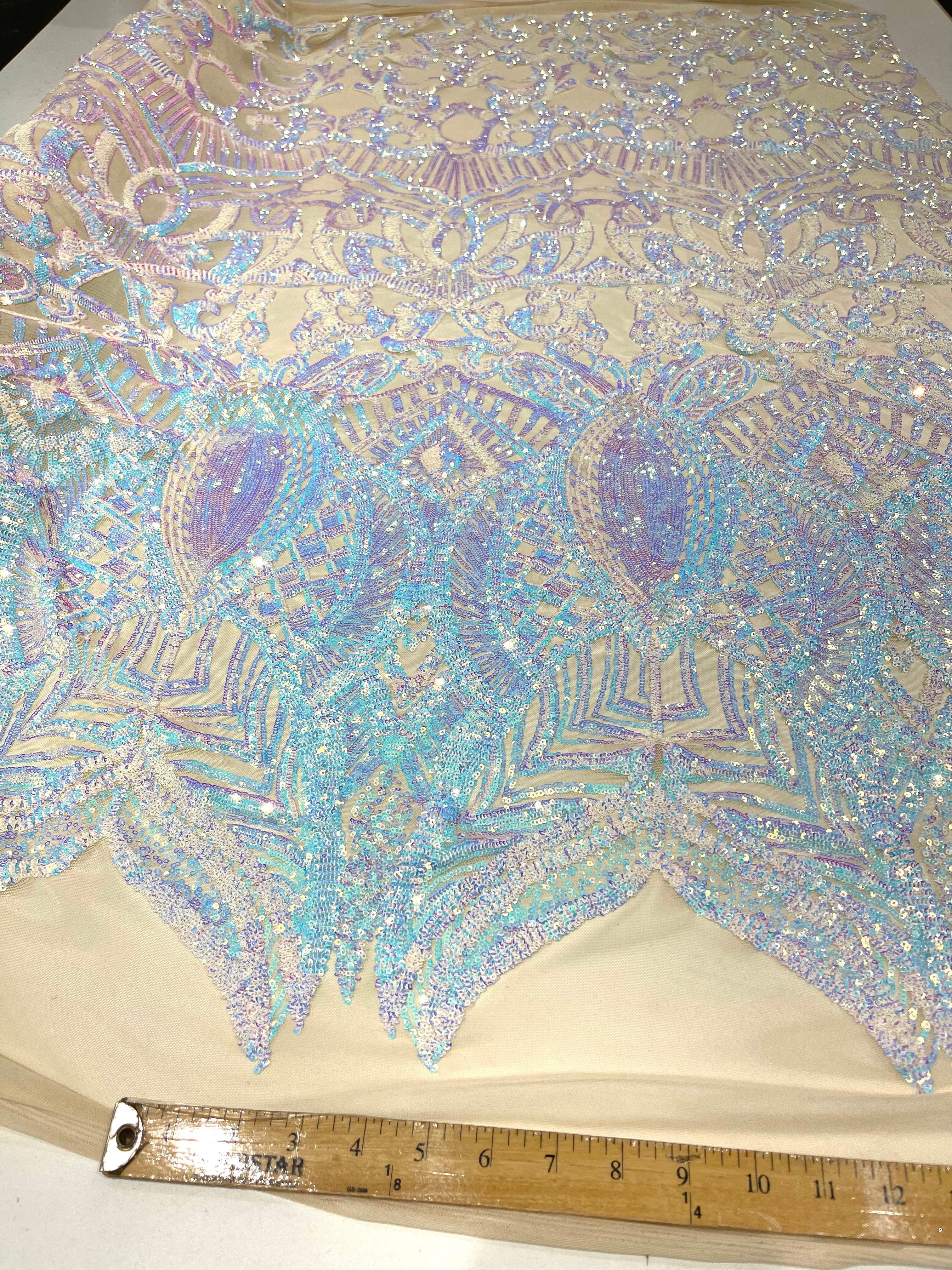 Royalty Damask Iridescent Sequin Stretch Mesh Fabric / Sold by the Yard - Image 8