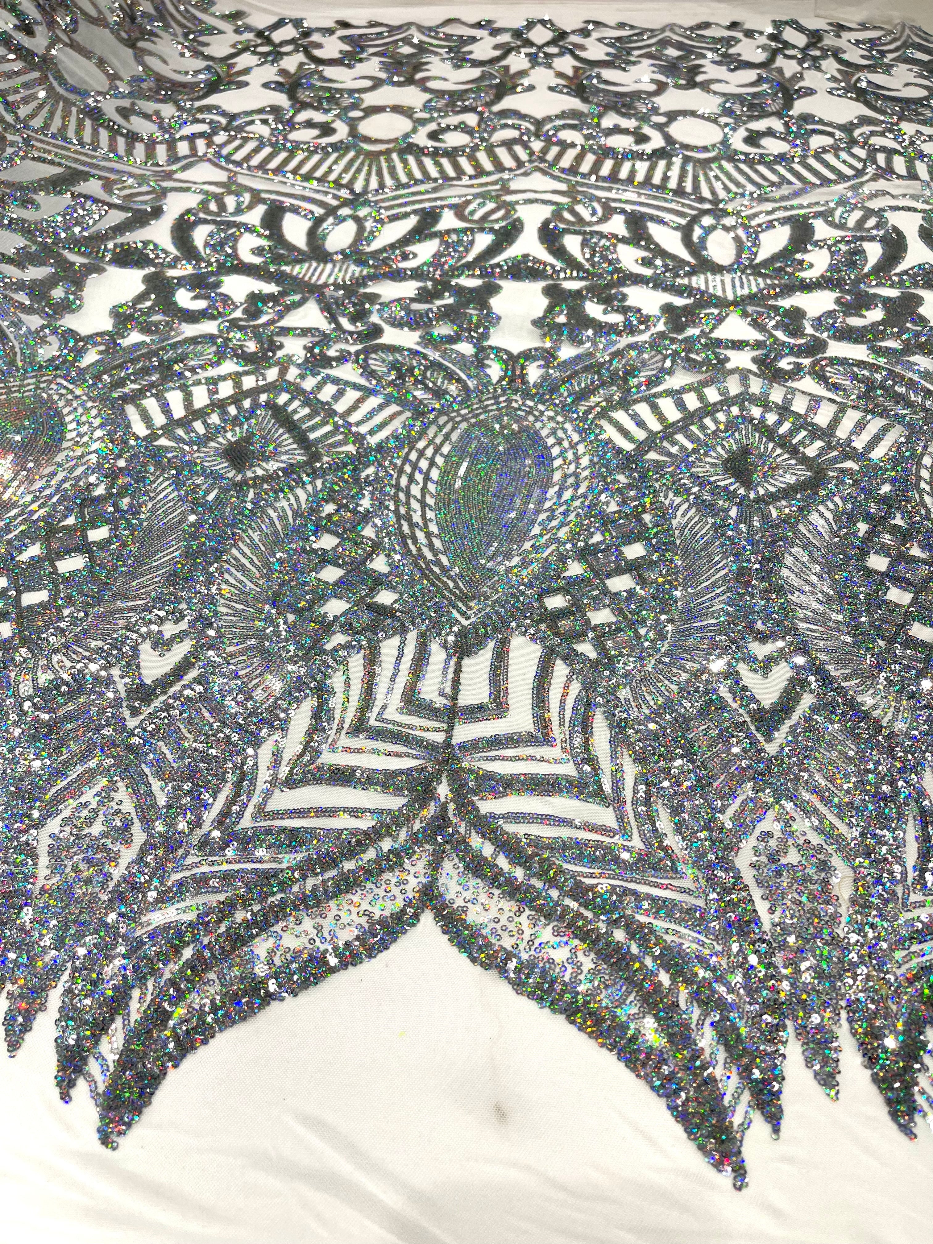 Royalty Damask Iridescent Sequin Stretch Mesh Fabric / Sold by the Yard - Image 9